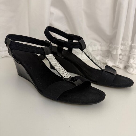 Laura Scott Black Wedge Sandals With Silver Accent & Elastic Straps Size 9 - Picture 1 of 6